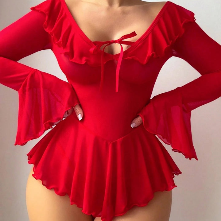 Off-Shoulder Ruffle Trim Sheer Mesh Long Sleeve Bodysuit