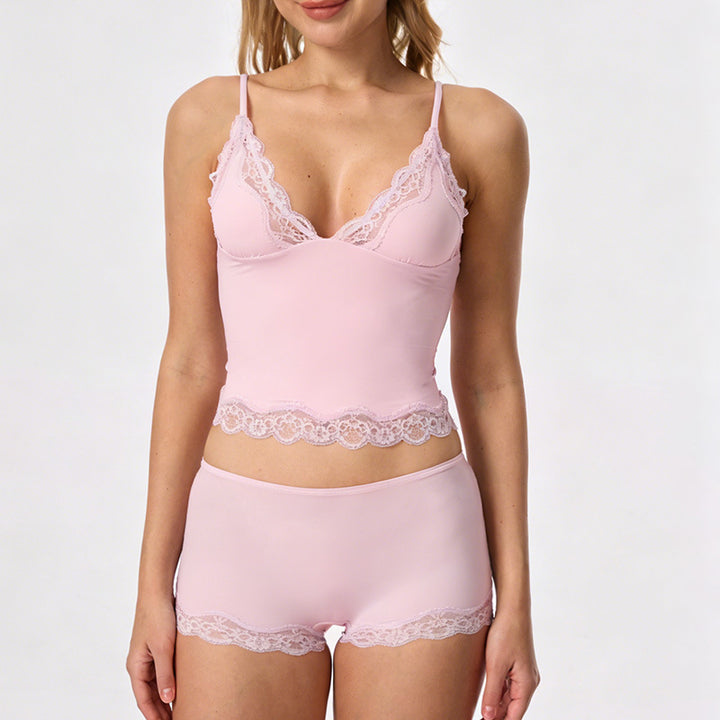 Lace Trim Camisole and Boyshort Pajama Set