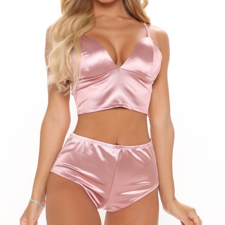 Satin V-Neck Crop Top &amp; High-Waist Shorts Set