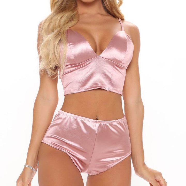 Satin V-Neck Crop Top &amp; High-Waist Shorts Set
