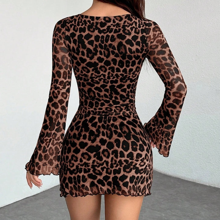 Sheer Mesh Leopard Print Long Sleeve Mini Dress