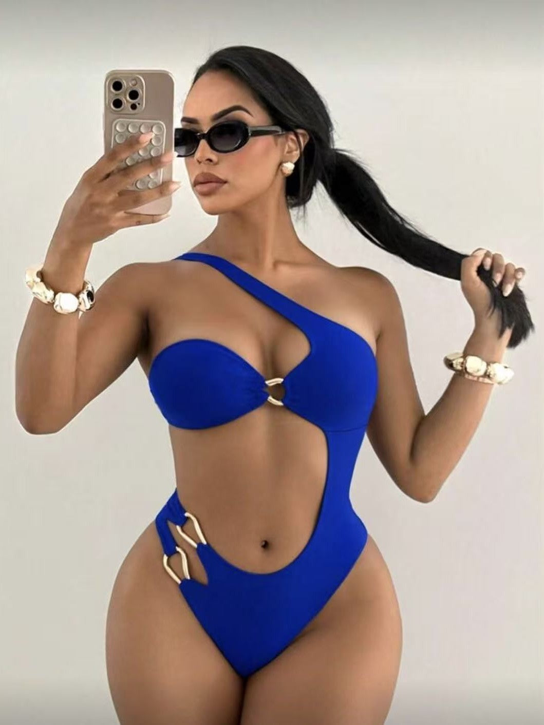 One Shoulder Cut-Out Ring Detail Monokini Swimsuit