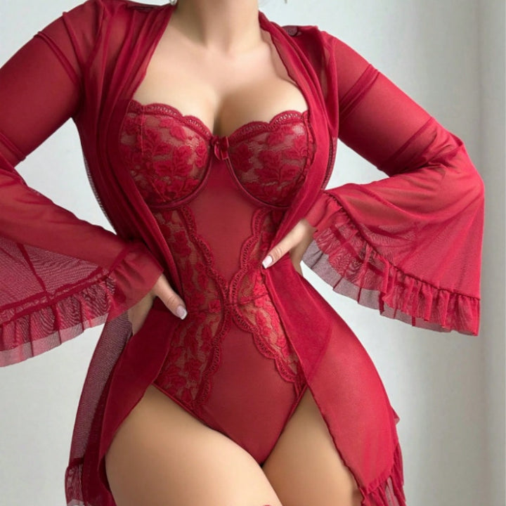 Underwire Lace Corset Bodysuit &amp; Long Bell Sleeve Robe Lingerie Set