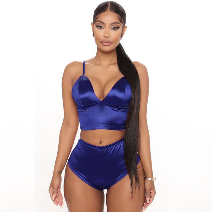 Satin V-Neck Crop Top &amp; High-Waist Shorts Set