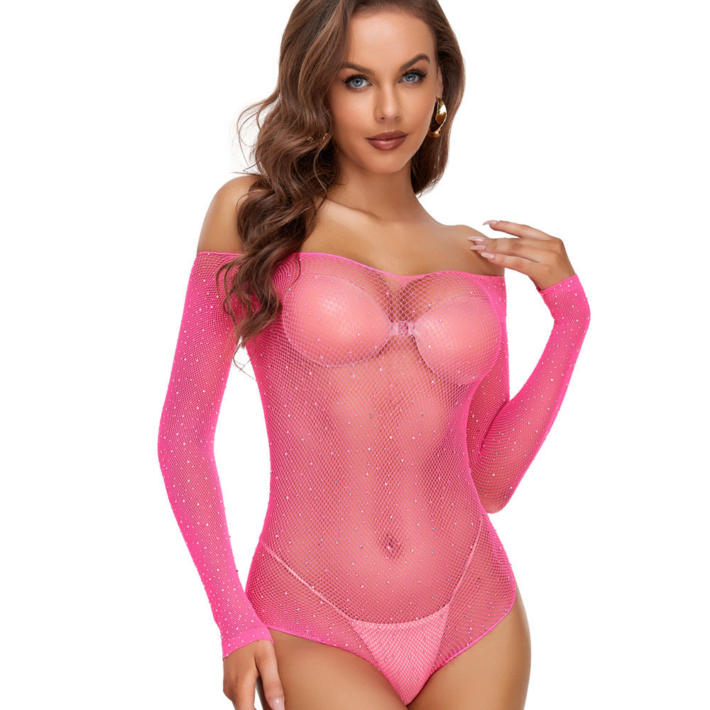 Sparkling Rhinestone Fishnet Long Sleeve Bodysuit Lingerie