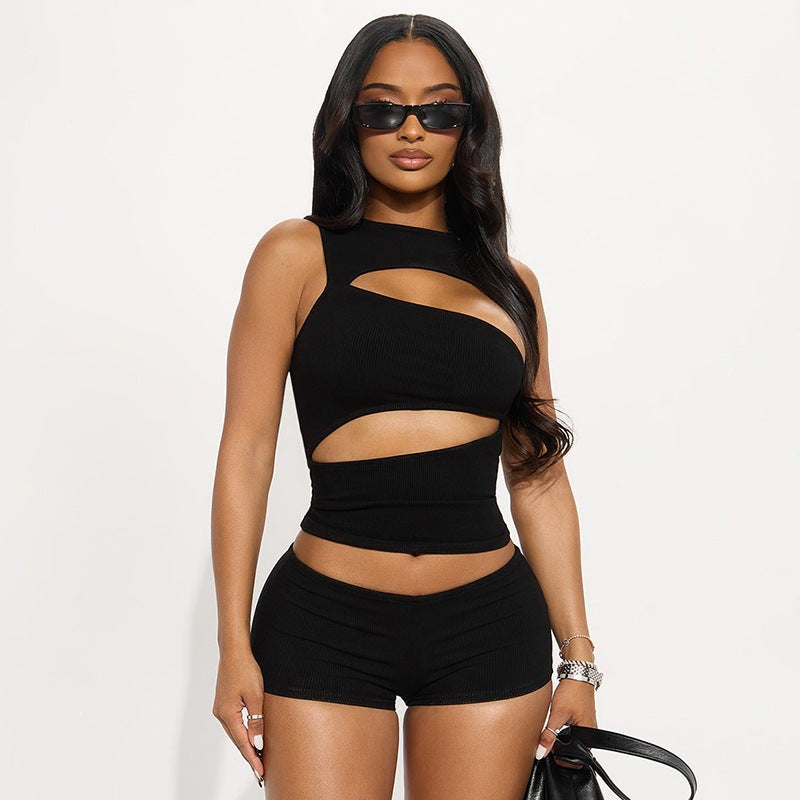 Cut-Out Sleeveless Crop Top and Shorts Two-Piece Set