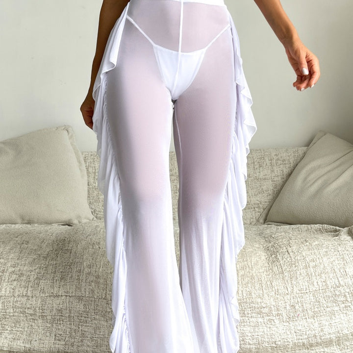 Sheer Mesh Ruffle Trim High Waisted Wide Leg Beach Cover-Up Pants