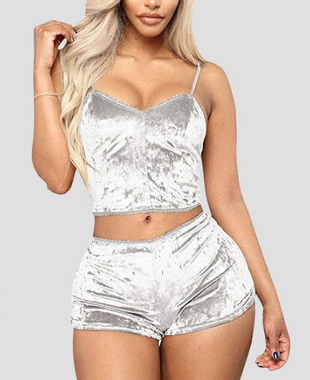 Velvet Lace Trim Cami Crop Top Shorts Pajama Set