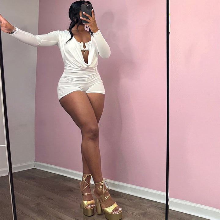 Draped Cowl Neck Cutout Long Sleeve Romper Bodysuit