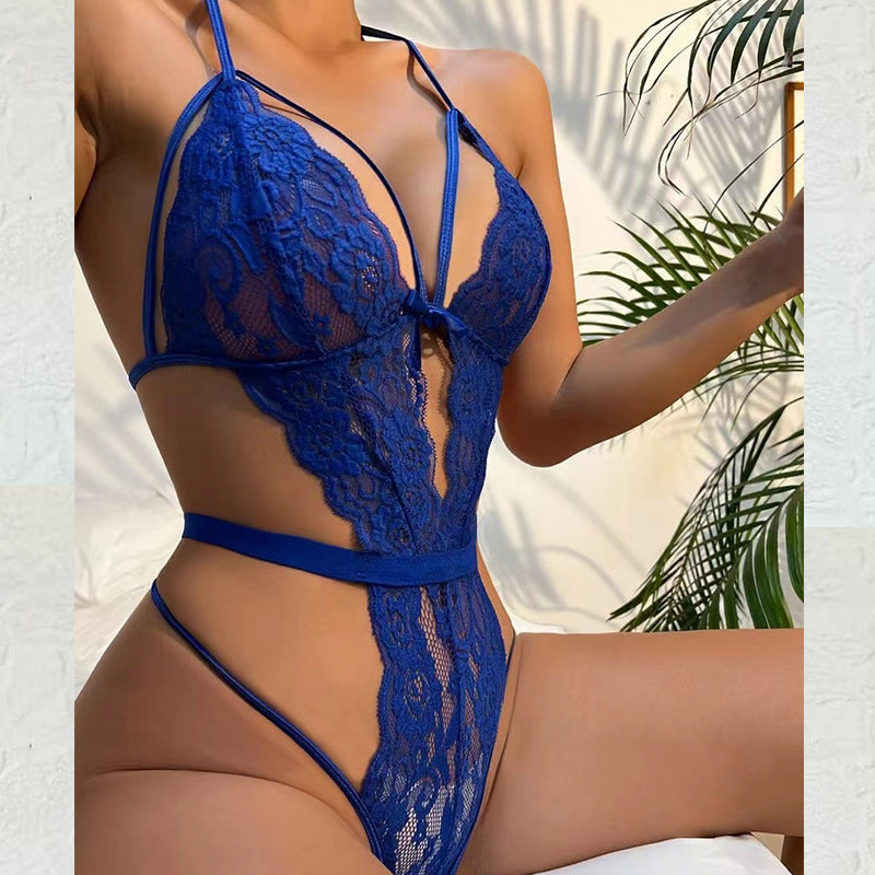Halter Strappy Cutout Sheer Floral Lace Bodysuit