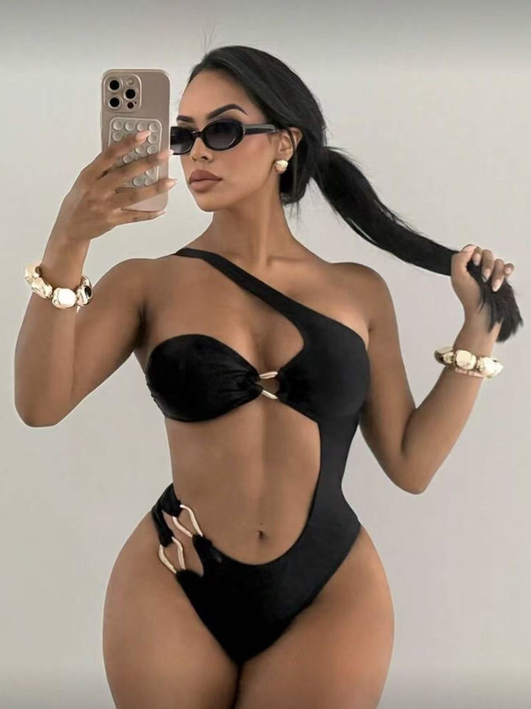 One Shoulder Cut-Out Ring Detail Monokini Swimsuit