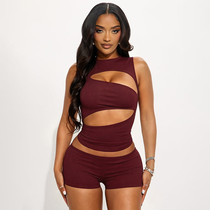 Cut-Out Sleeveless Crop Top and Shorts Two-Piece Set