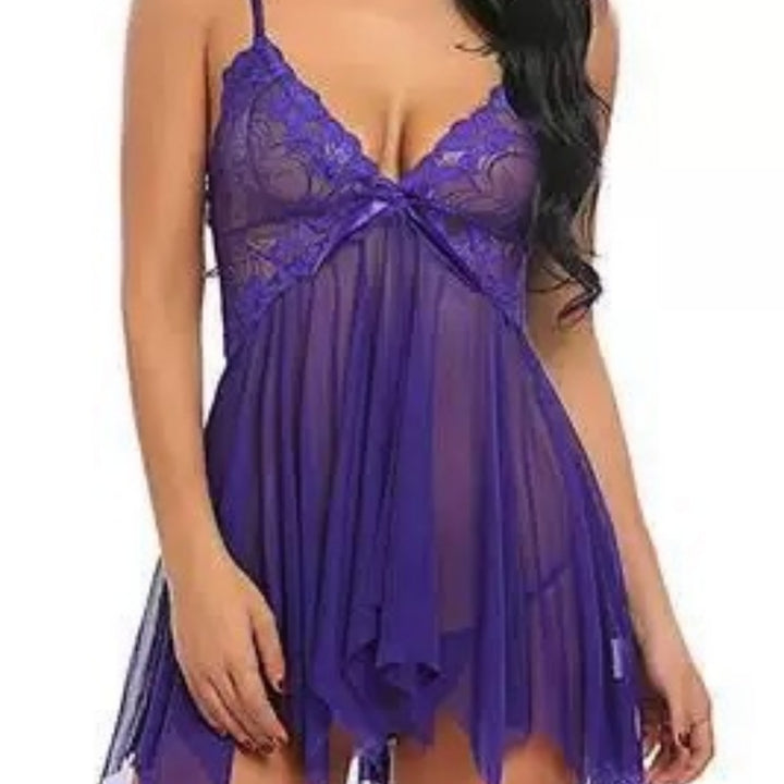 Front-Split Lace Trim Babydoll Nightdress