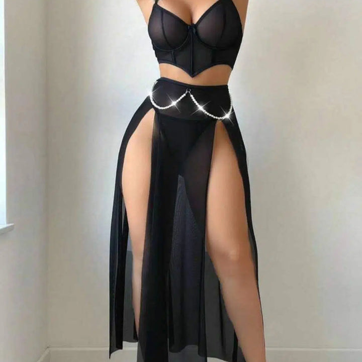 Corset Crop Top and High Slit Sheer Skirt Set