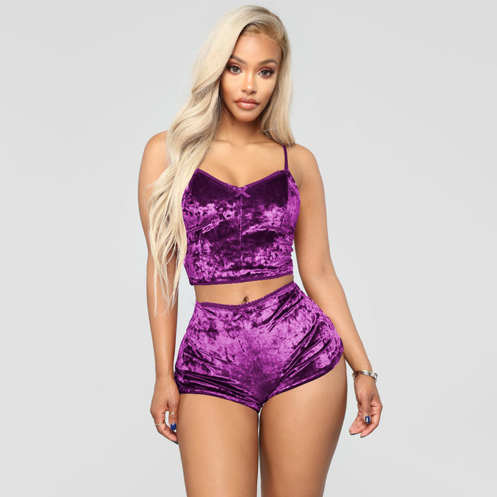 Velvet Lace Trim Cami Crop Top Shorts Pajama Set