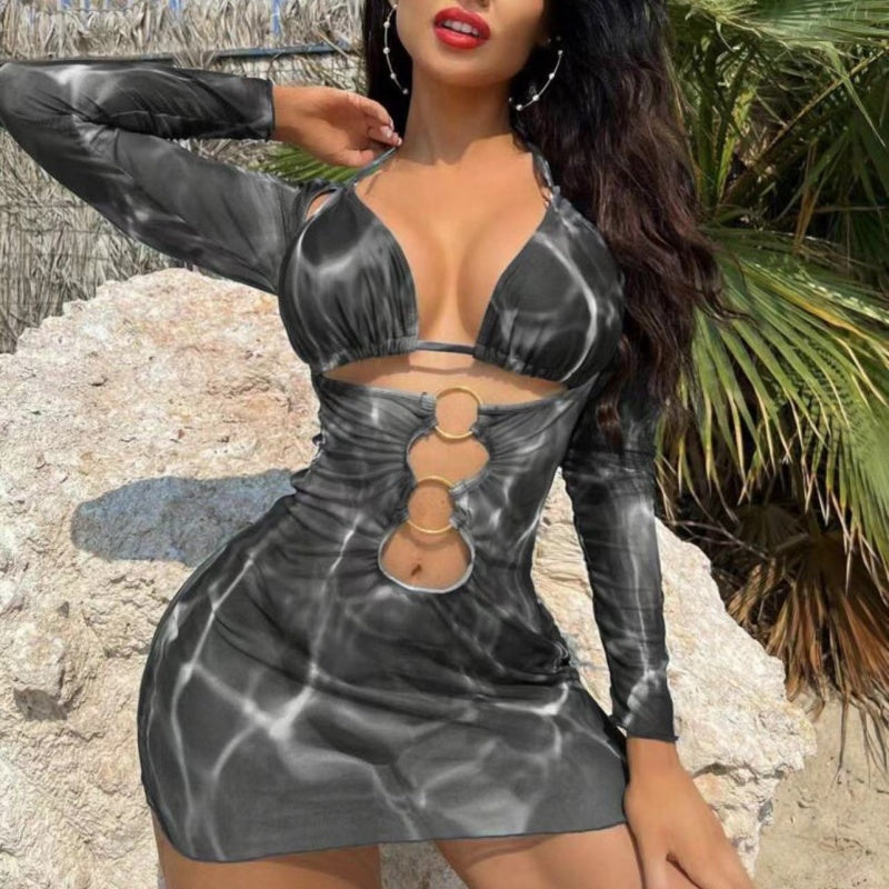 Water Ripple Print O-Ring Cutout Mesh Mini Dress