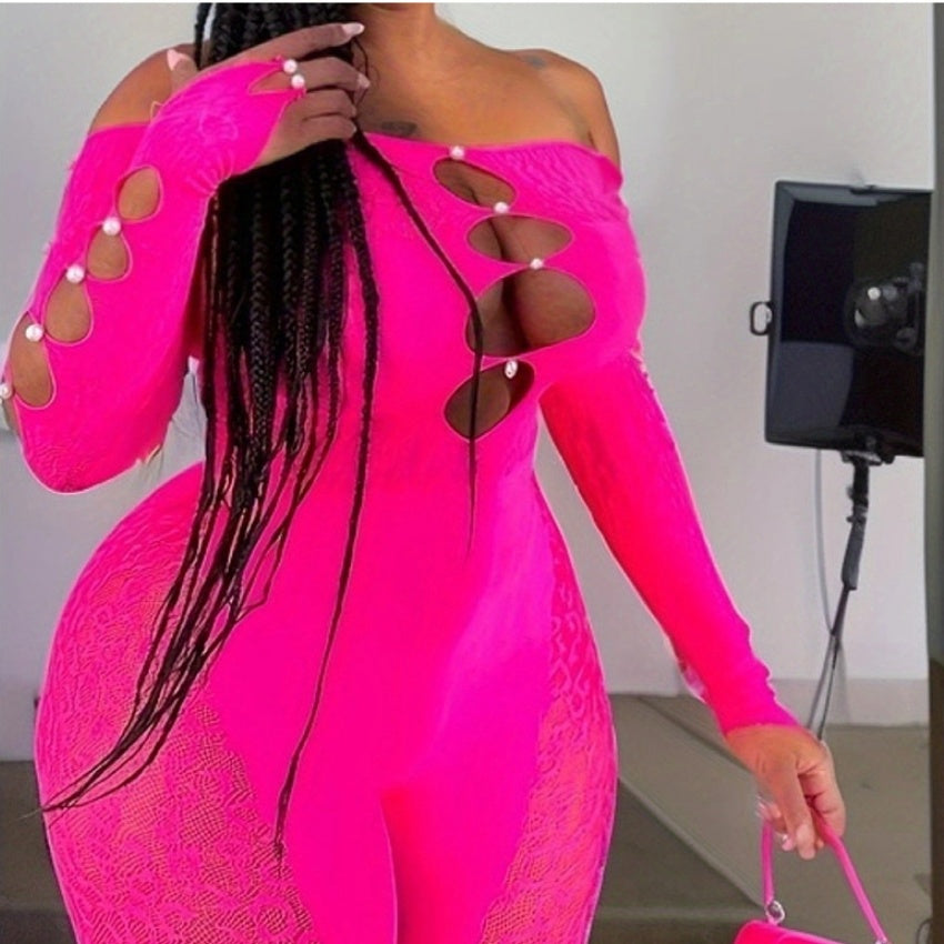 Off-the-Shoulder Long Sleeve Cut-Out &amp; Pearl Detail Bodystocking Lingerie
