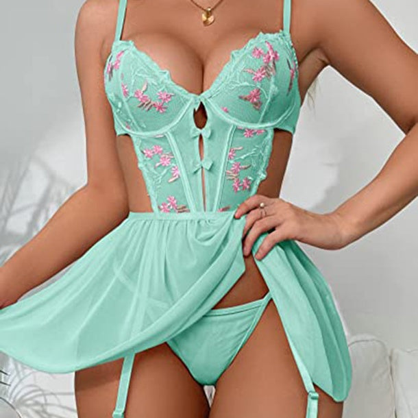 Floral Embroidered Corset Babydoll Dress with Garters Set