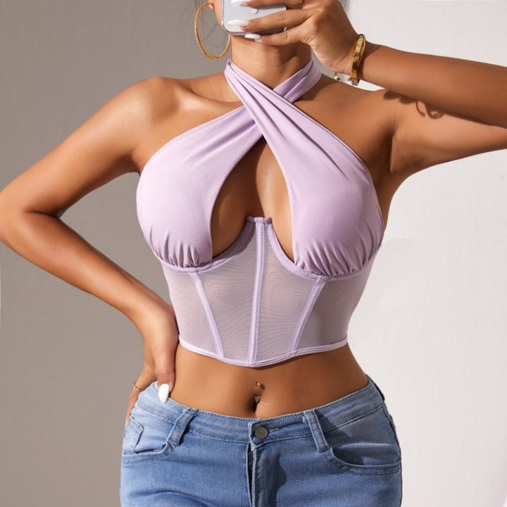 Cross Halter Cut-Out Mesh Boned Corset Bustier Crop Top