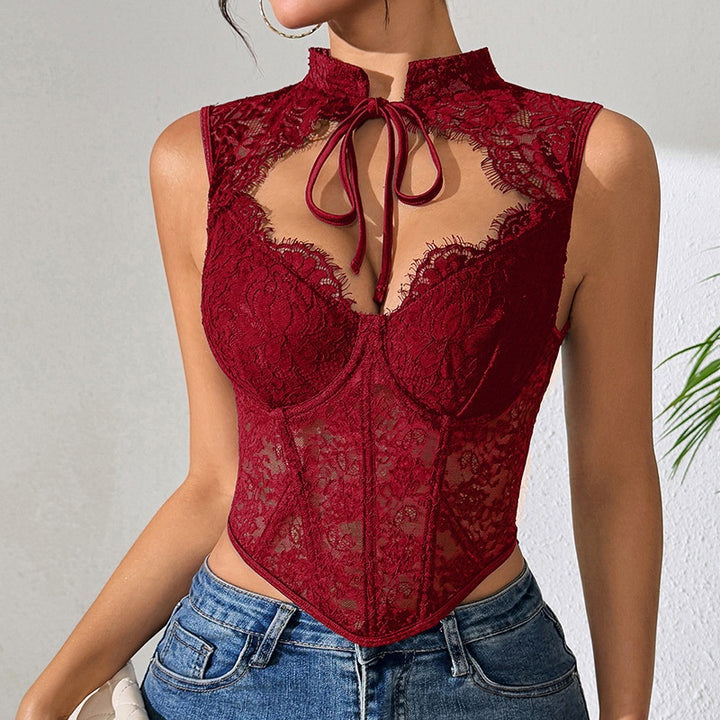 High Neck Tie Keyhole Lace Corset Top