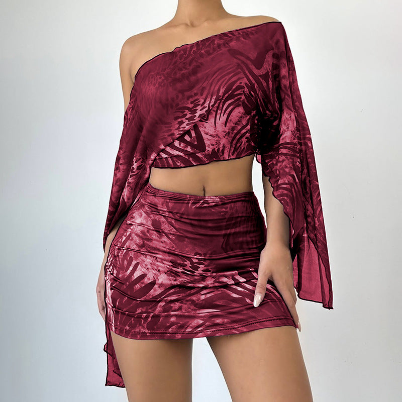 Graphic Print Sheer Off-the-Shoulder Top & Mini Skirt Set