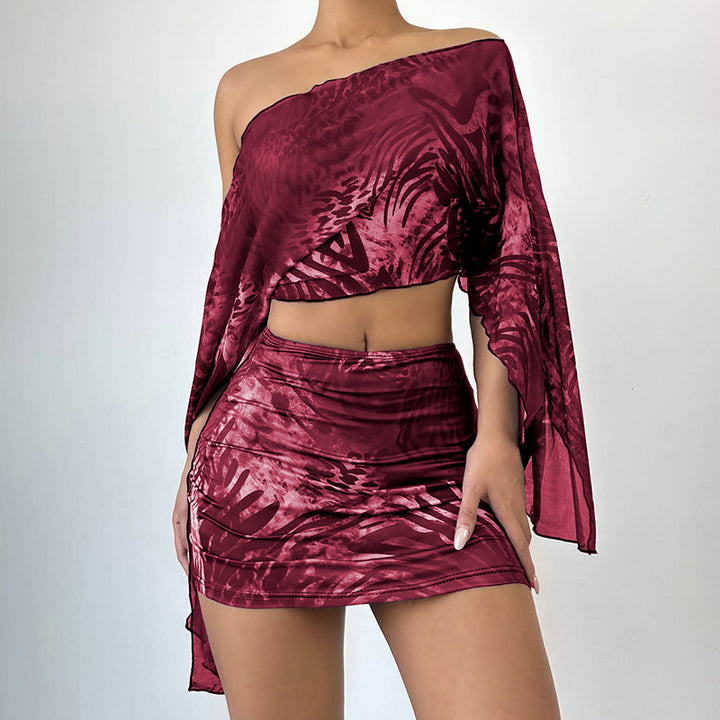 Graphic Print Sheer Off-the-Shoulder Top & Mini Skirt Set