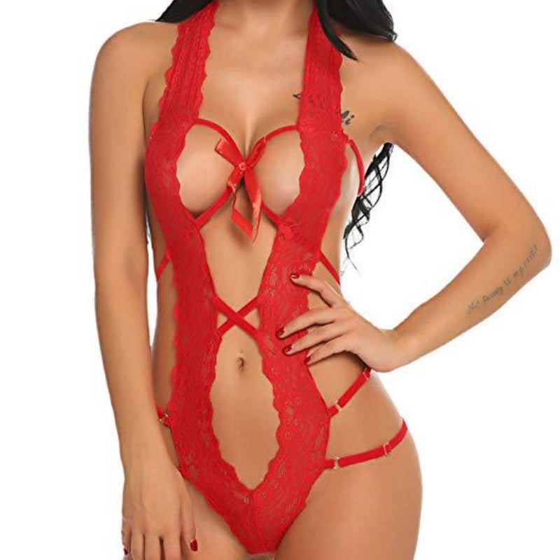 Floral Lace Plunging Halter Strappy Cut-Out Teddy Bodysuit Lingerie