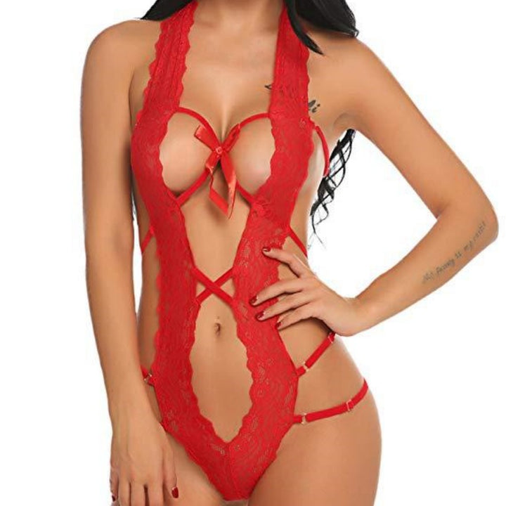 Floral Lace Plunging Halter Strappy Cut-Out Teddy Bodysuit Lingerie