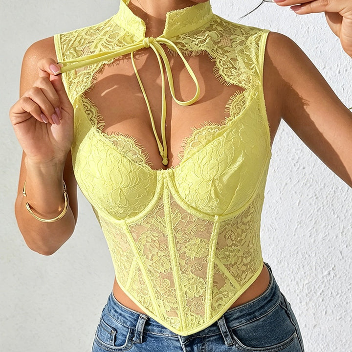 High Neck Tie Keyhole Lace Corset Top