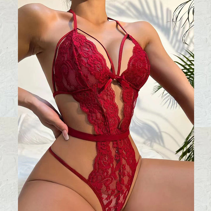 Halter Strappy Cutout Sheer Floral Lace Bodysuit