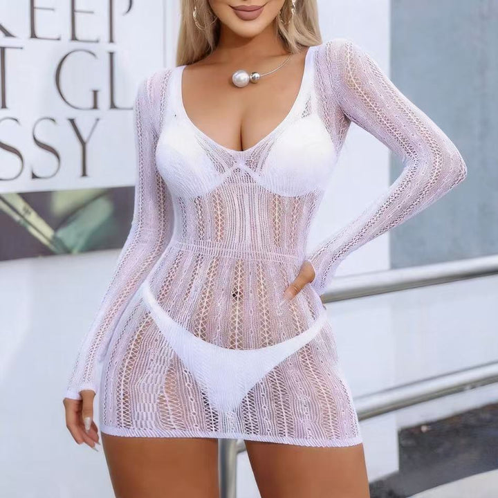 Sheer Crochet Fishnet Long Sleeve Mini Cover-Up Dress