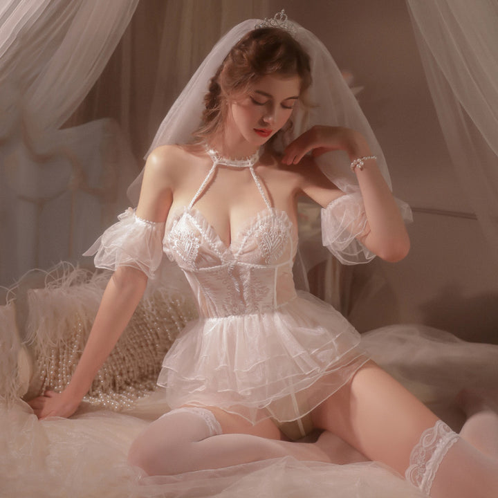 Bridal Heart Lace Halter Peplum Babydoll Nightgown Set with Ruffle Sleeves &amp; Veil