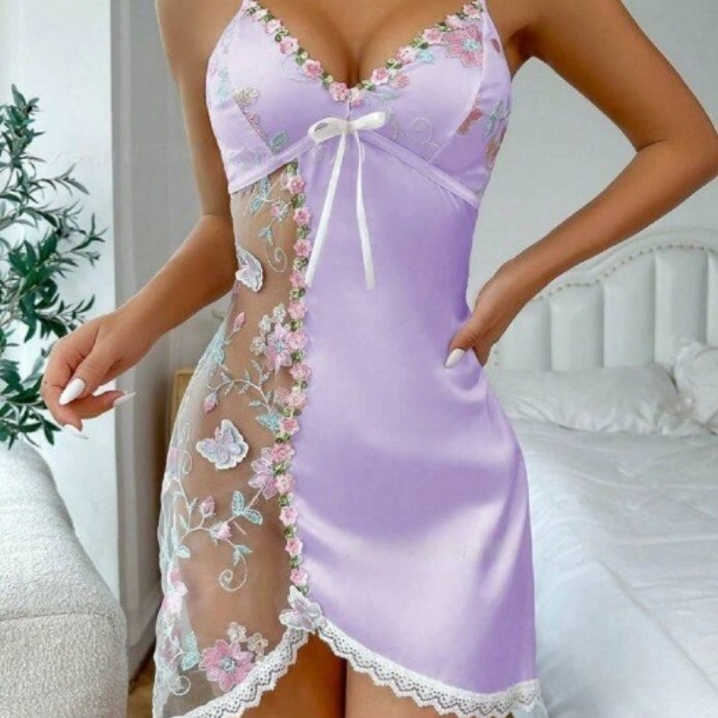 Floral Embroidery Satin & Sheer Mesh Asymmetrical Chemise Nightdress