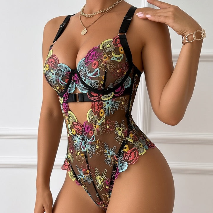 Multicolor Floral Embroidered Sheer Mesh Bodysuit