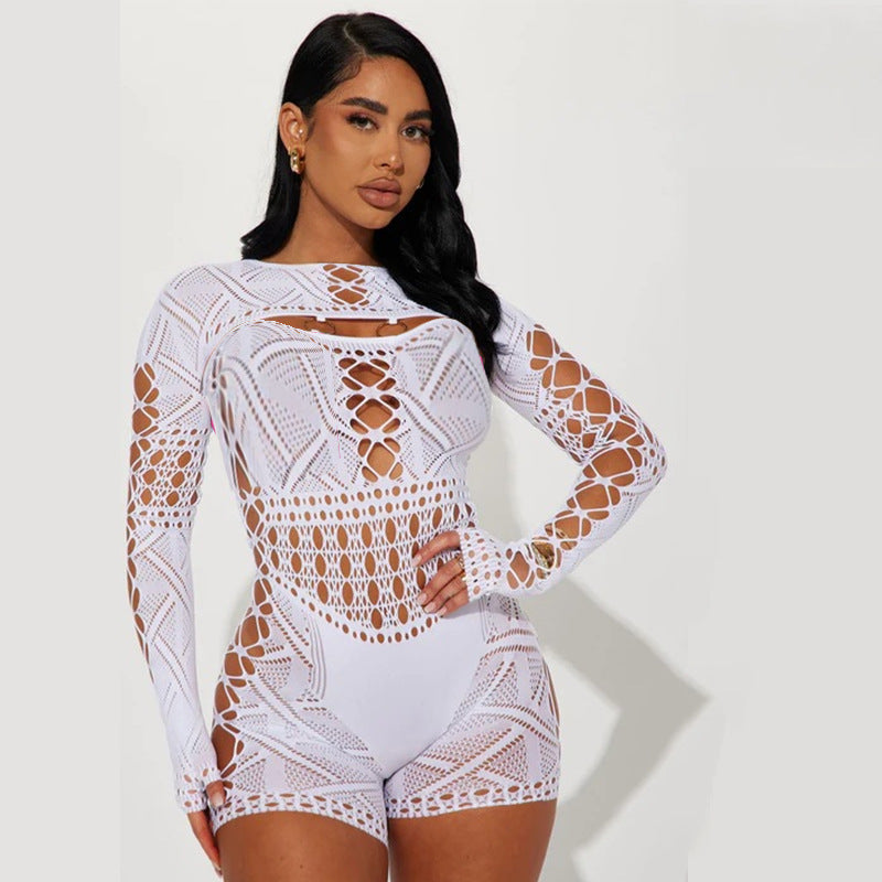 Ring-Connected Cutout Long-Sleeve Mesh Bodystocking