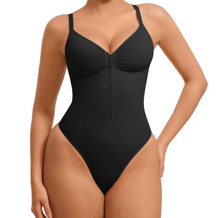 Front Zipper Ruched V Neck Shapewear Bodysuit