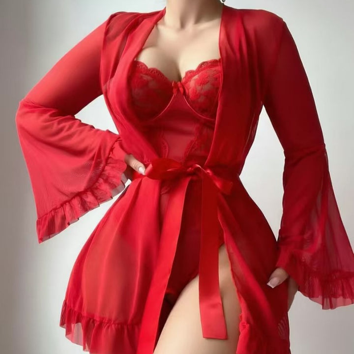 Underwire Lace Corset Bodysuit &amp; Long Bell Sleeve Robe Lingerie Set