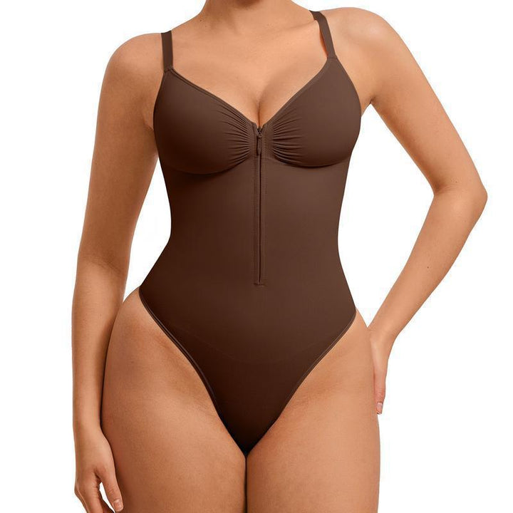 Front Zipper Ruched V Neck Shapewear Bodysuit