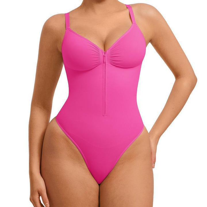 Front Zipper Ruched V Neck Shapewear Bodysuit