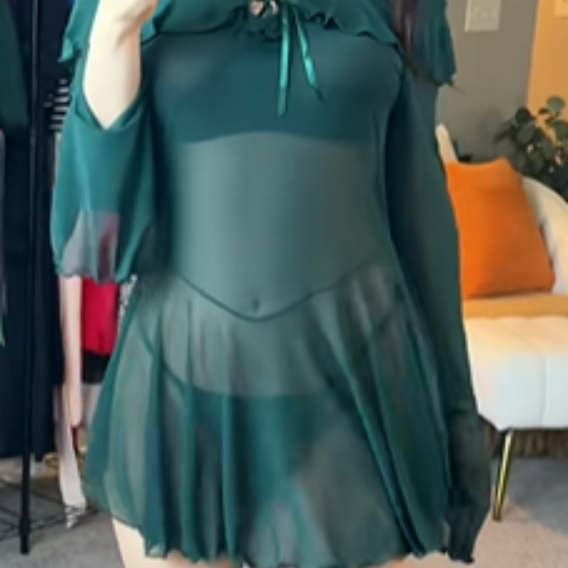 Ruffle Trim Tie-Front Sheer Mesh Skirted Bodysuit