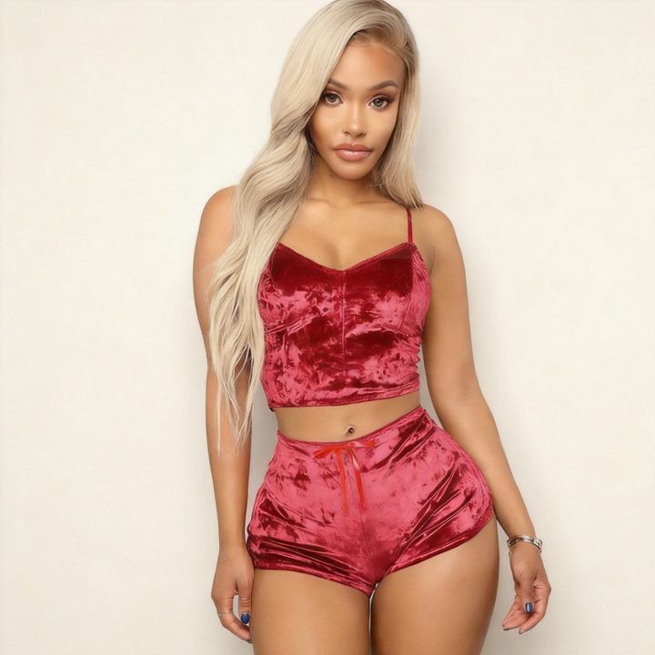 Velvet Lace Trim Cami Crop Top Shorts Pajama Set